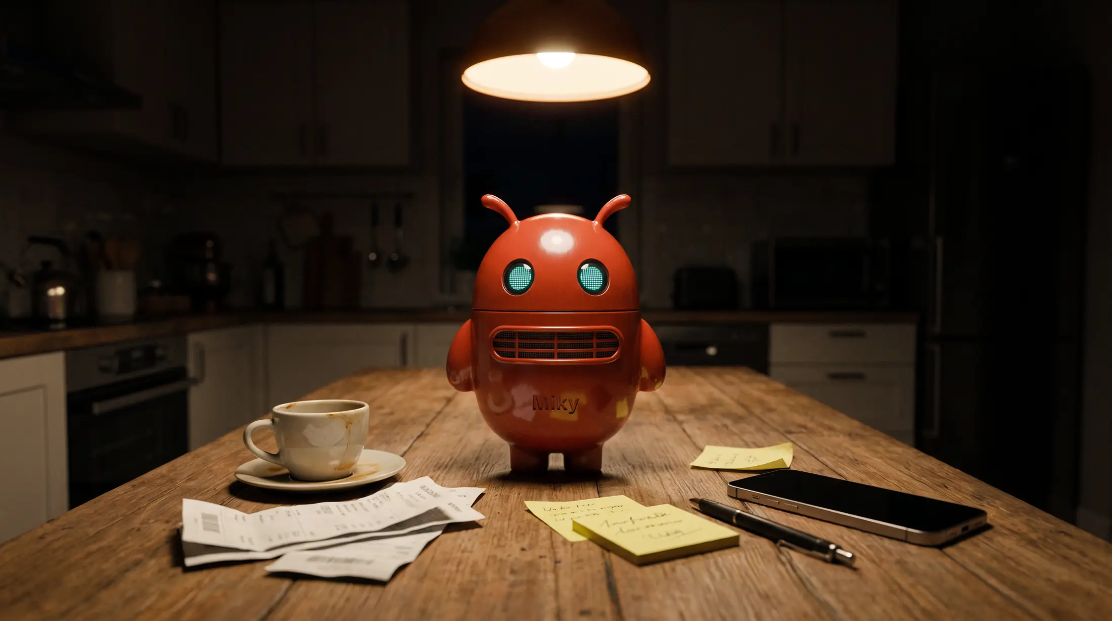 Render: Miky sul tavolo della cucina tra bollette, un caffè e il telefono