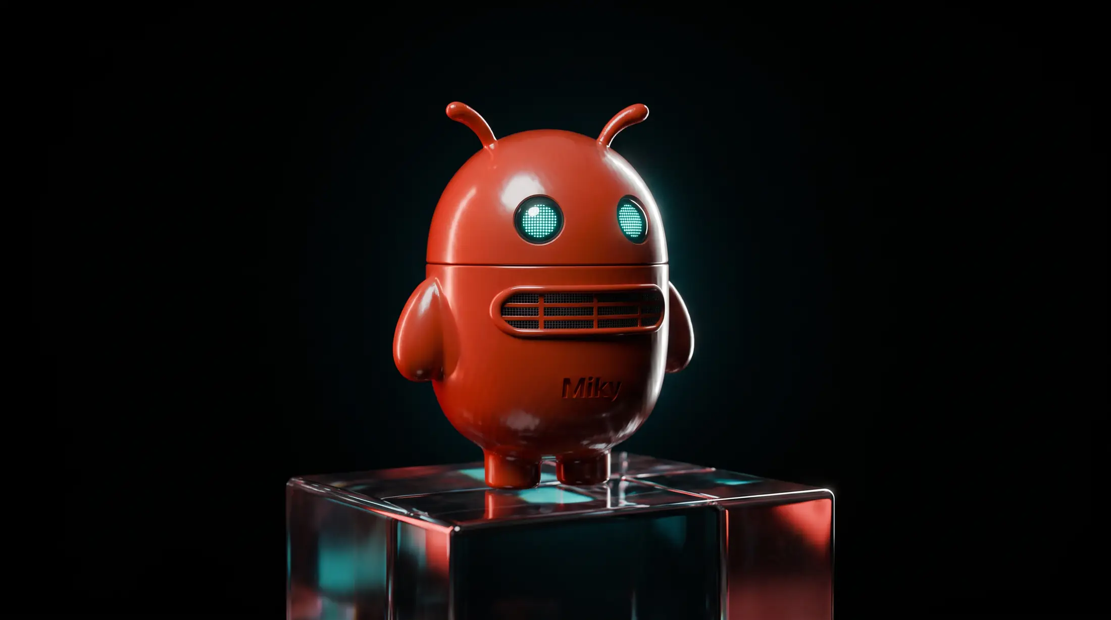 Render: Miky su un piedistallo in vetro, fondo scuro